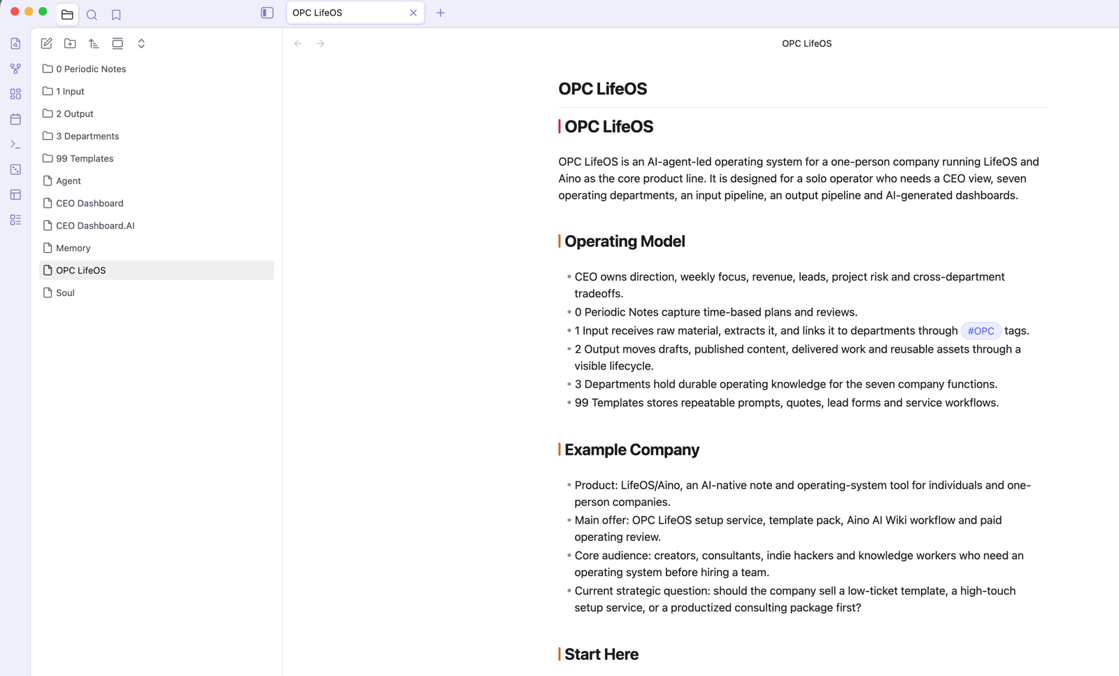 OPC LifeOS example vault operating view in Obsidian