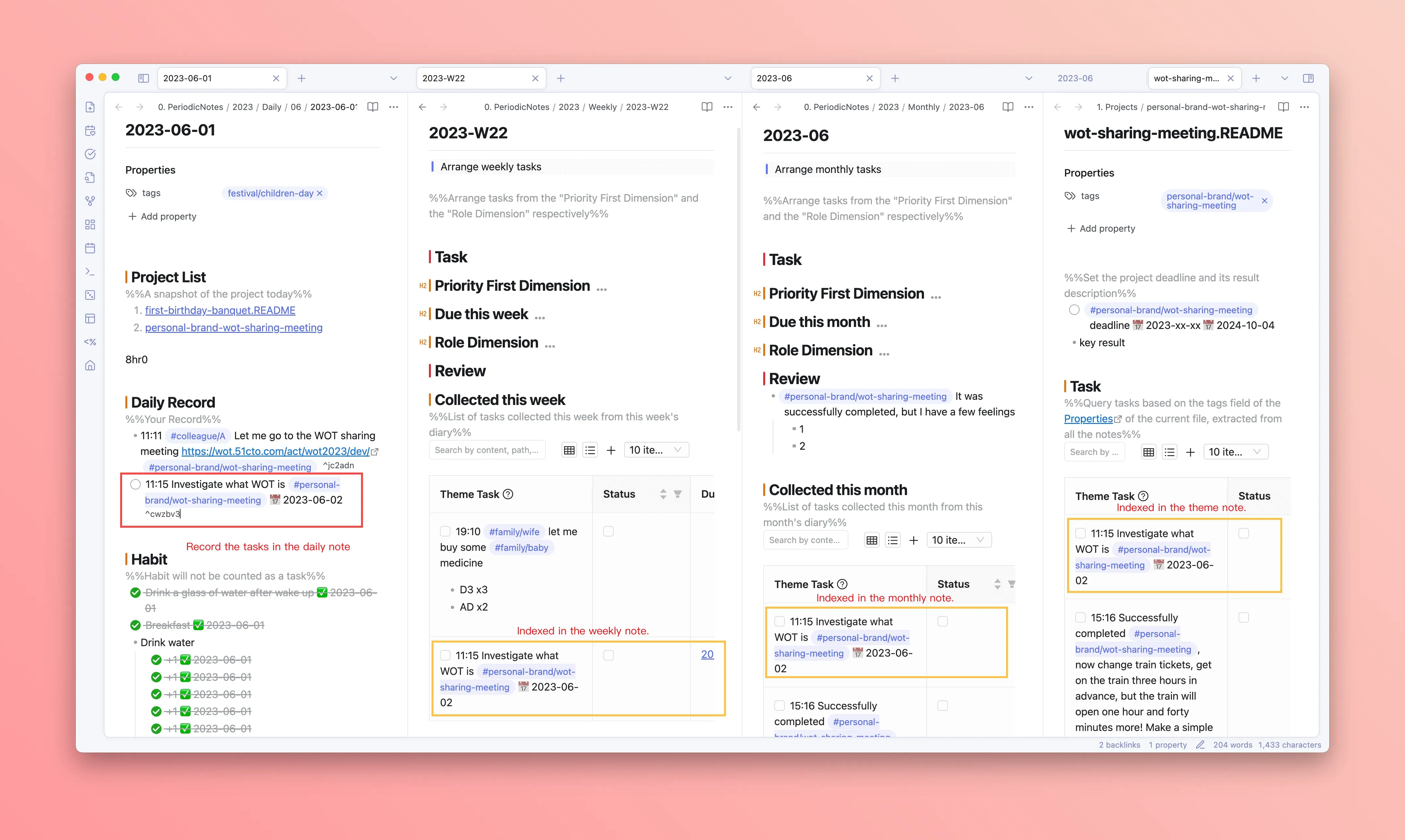 Task view: collect tasks from daily notes and theme notes