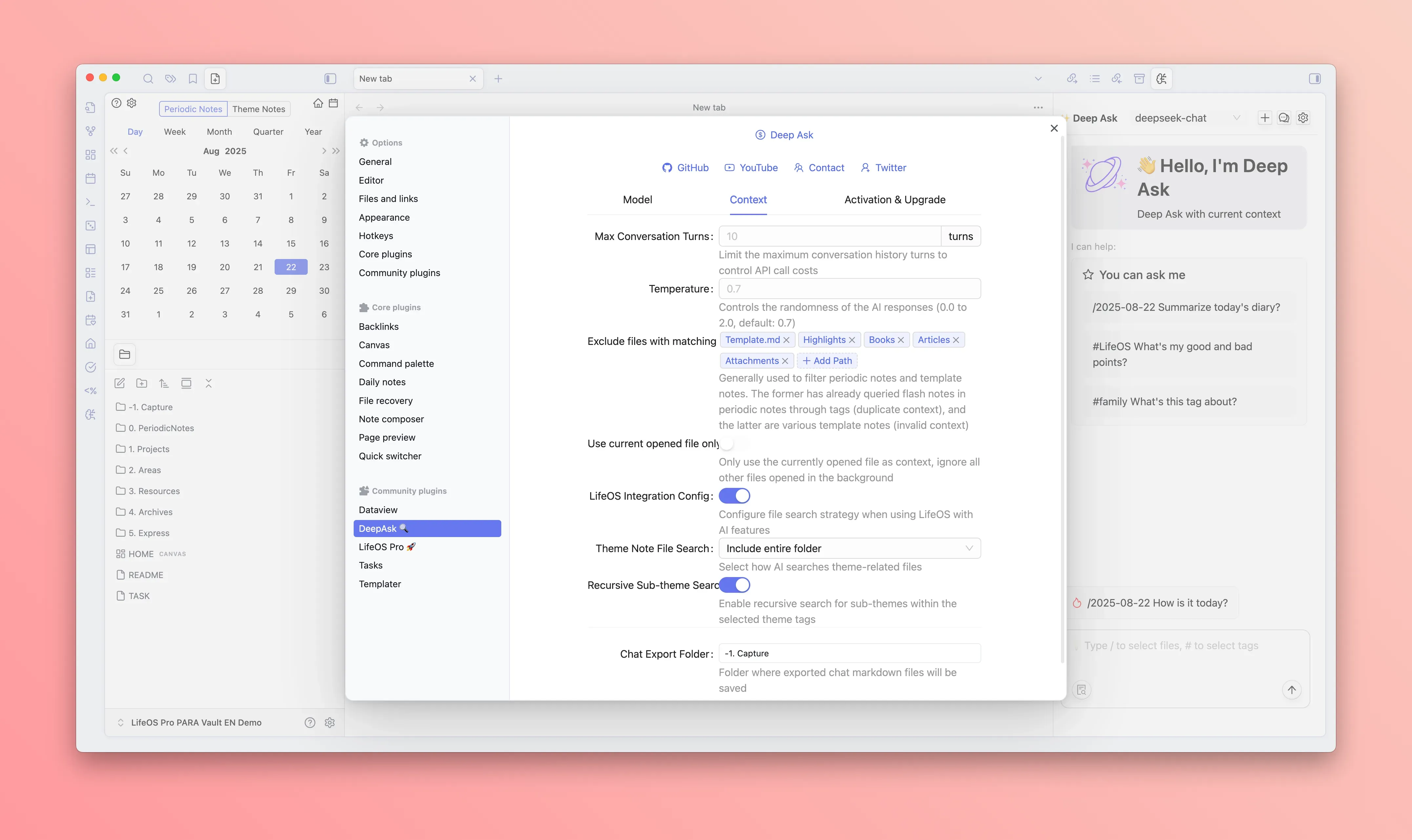 DeepAsk context: choose files, tags, and time ranges
